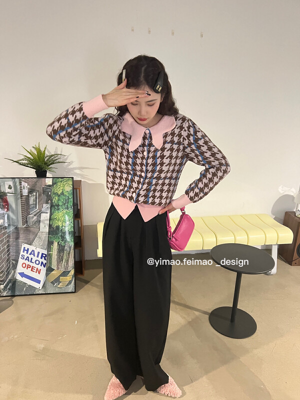 【FEI MAO】Korean Houndstooth Retro Lapel Design Style Sweater Z-3119