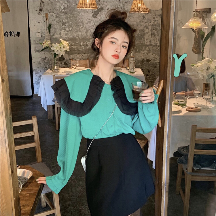 New in early autumn!  【Timely Rain】Sweet design sense of lotus leaf contrast color big lapel shirt A529# WPL