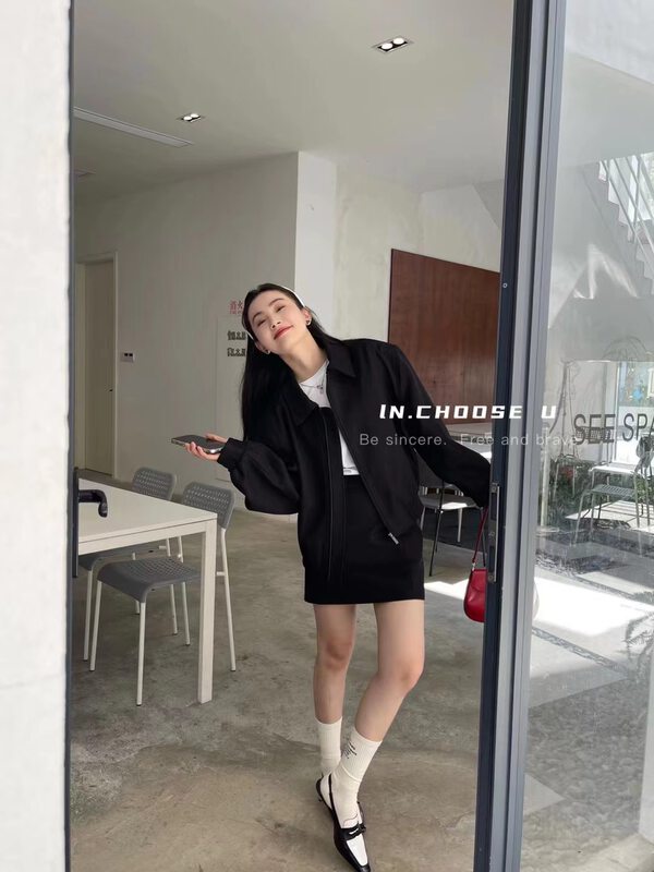 【IN.CHOOSE U】Fashionable shoulder pad loose jacket + pocket skirt suit (one size jacket, sml skirt, according to the skirt size) 6730167301-1# CQW