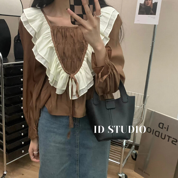 Autumn is new! [I-D] Korean version of the color-blocked ruffled cropped shirt YS8363# L