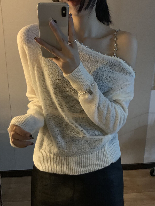 Autumn is new! [I-D] Korean style temperament slanted shoulder shirt 3099# L