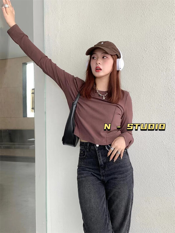 New in autumn! [N] Elastic shoulder pads solid color all-match Korean version long-sleeved T-shirt Q276# WTT