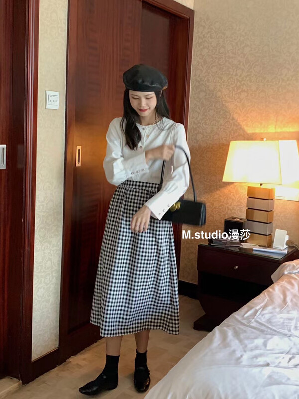 New in early autumn! [MSTUDIO Mansha] Korean small fresh plaid elastic waist skirt 567# LL