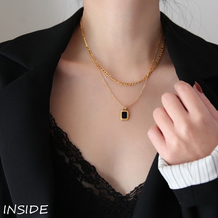 【INSIDE】Korean Simple Double Layered Strap Square Pendant Short Necklace (Random Distribution with Box) X3575# ZXL