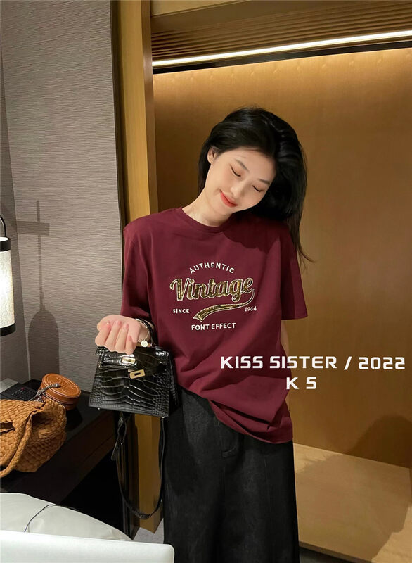 Original price 62.04! [KISS SISTER] Letter print casual loose short-sleeved T-shirt 22Y9658# CQW