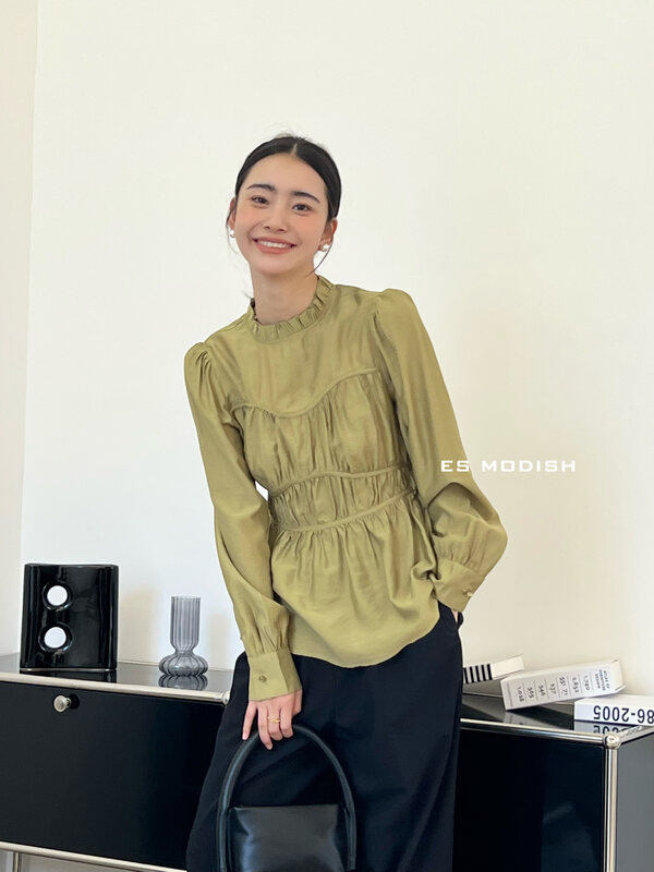 Early autumn new style!【ES MODISH】Design pleated stand-up collar temperament commuter shirt BL1797# CQW