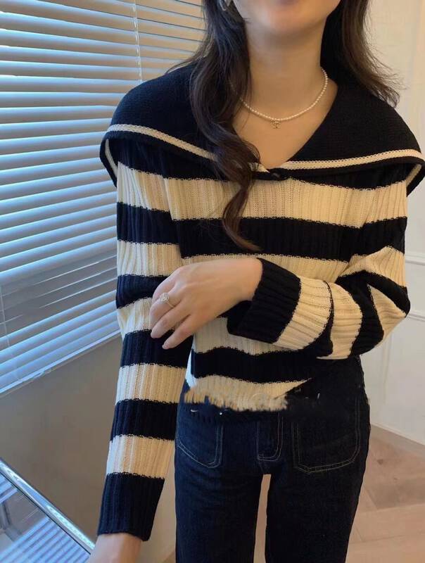 Autumn is new! [I-D] Korean version of the big lapel striped shirt 3142# L