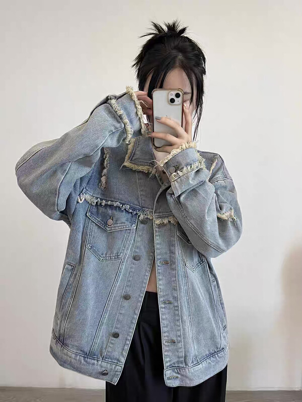 New in autumn! [KIKI STUDIO] Korean version of the color-blocking raw edge loose casual denim jacket 6467# HJY