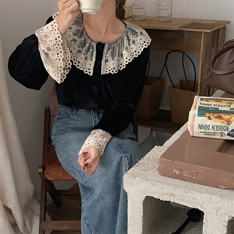 New in autumn! [Timely rain] Retro French temperament lace velvet shirt A1725# WPL