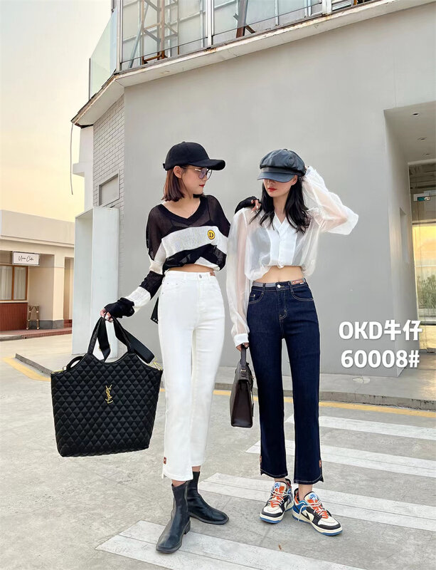 Autumn is new! [OKD] Korean version of the trousers stud button design straight tube slimming all-match jeans 60008-1# GY