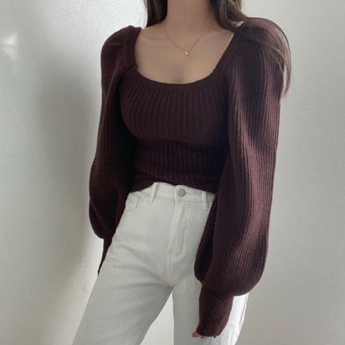 Retro temperament square collar puff sleeves solid color knitted top women's autumn and winter warm bottoming long-sleeved slim waist sweater