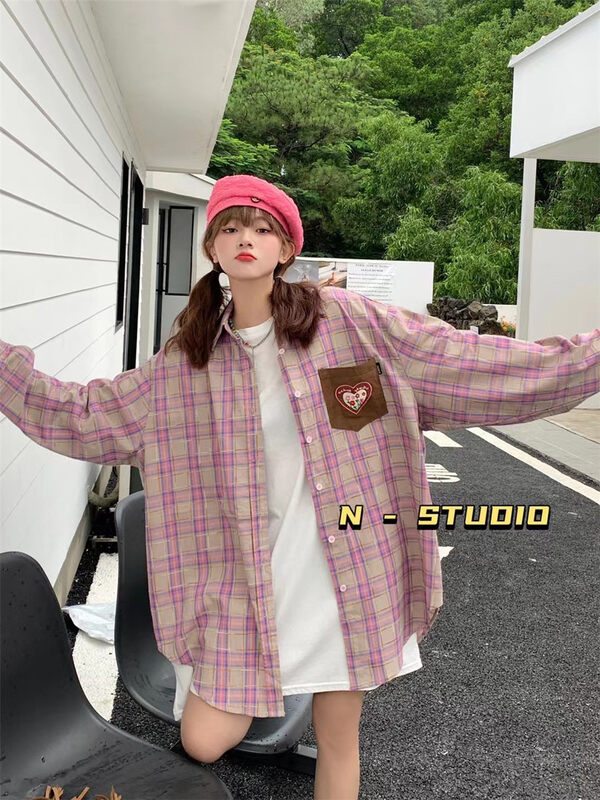 Autumn is new! [N] Single-breasted plaid fashion loose shirt (only sells shirts) Q188# WTT