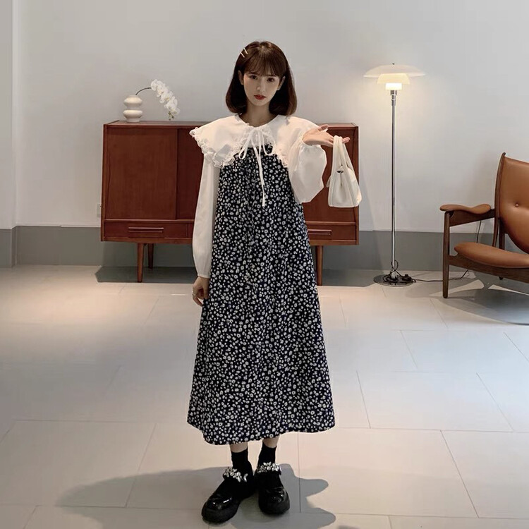 New in autumn! [KIKI STUDIO] Korean large lapel shirt + floral suspender skirt two-piece suit 6539# HJY