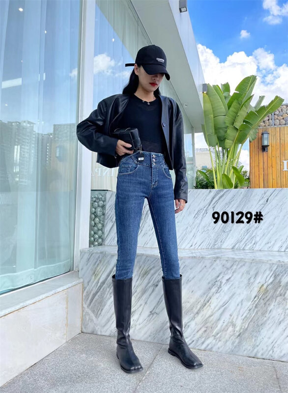 New in autumn! [OKD] High waist three button design all-match small foot stretch jeans 0129# GY