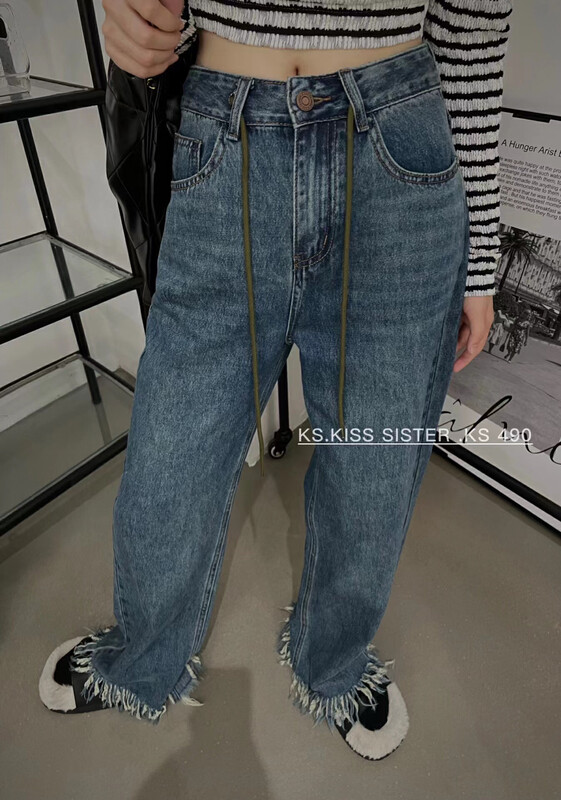 Autumn is new! [KS] old raw edge Korean version of high waist retro loose and thin straight jeans (with waist rope) 29228# CQW