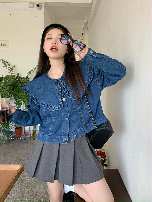 New in early autumn! [Timely rain] Korean style ins retro sweet design sense doll denim jacket 7040# WPL