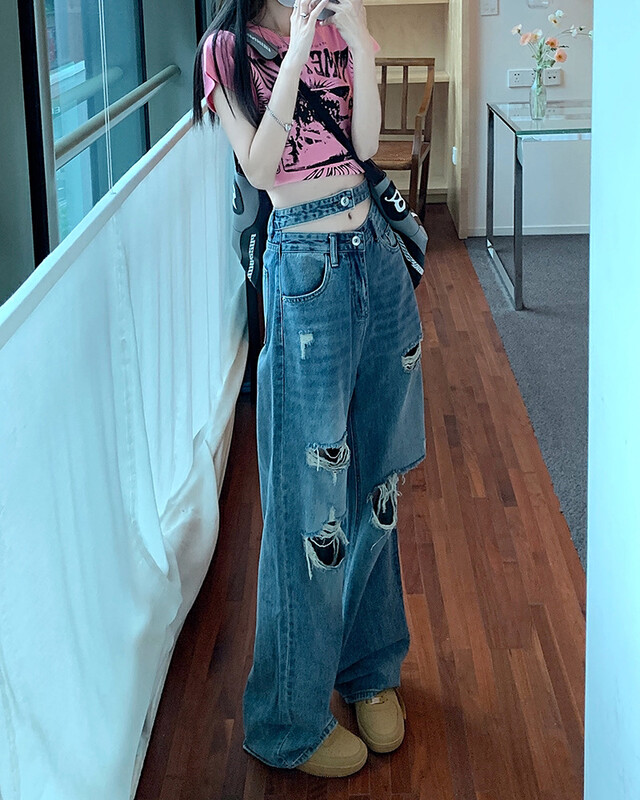 New in early autumn! [Timely rain] Korean style ins retro design waist hollow high-waist jeans 70025# WPL
