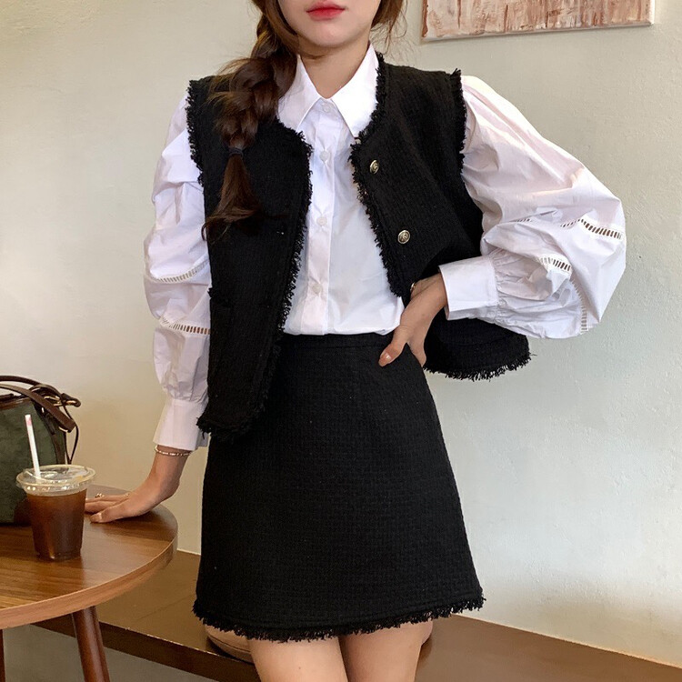 Autumn is new! [Timely rain] Korean ins French temperament small fragrance vest + slim A-line skirt suit D2227# WPL