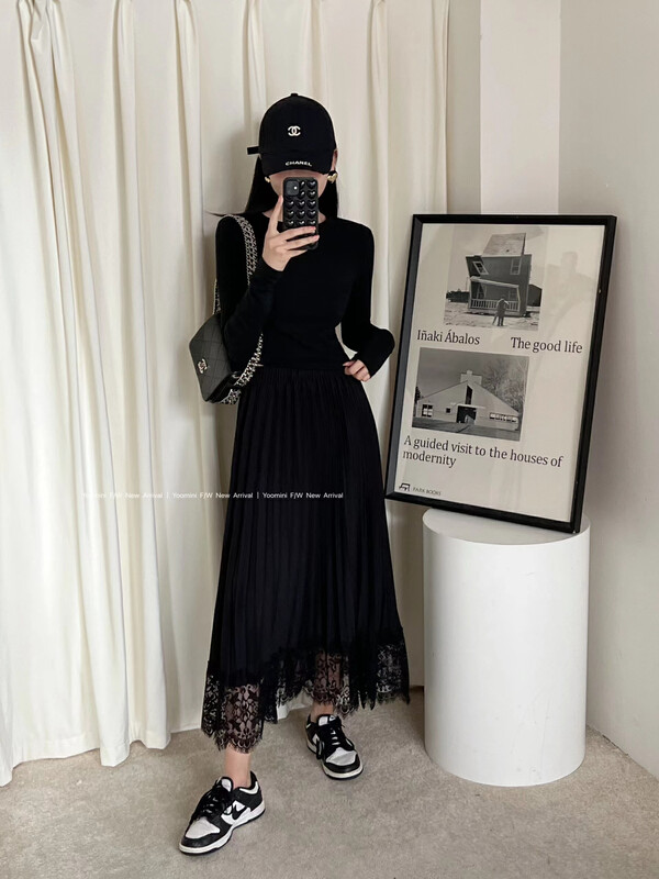 New in autumn! [YOOMINI] temperament stitching lace textured skirt Q16123-K# WPL