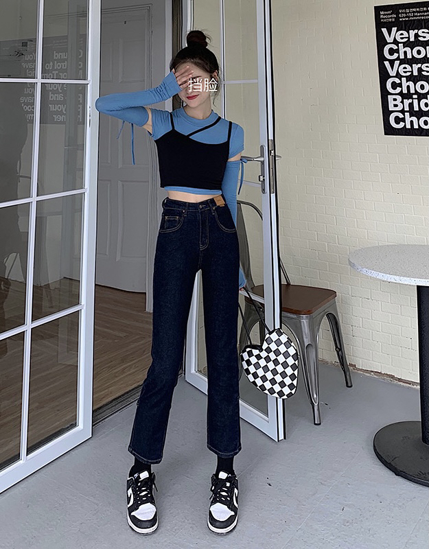 Autumn is new! [Timely rain] Korean style ins retro niche design high waist and thin elastic slit jeans 46007# WPL