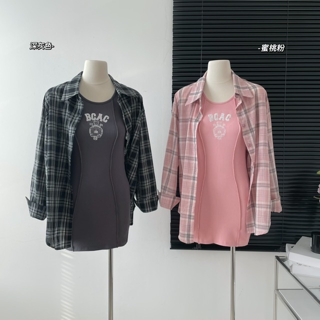 New in early autumn!【KAKAJIA】Girls folded vest and hip dress + plaid long-sleeved shirt suit 2512# OZQ