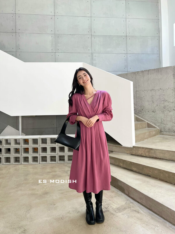 New in early autumn!【ES MODISH】French V-neck wide shoulders slim dress OPS1764# CQW