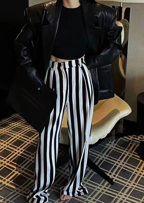New in early autumn! [MI] Fashion Korean high waist striped acetate trousers 1169# PCZ