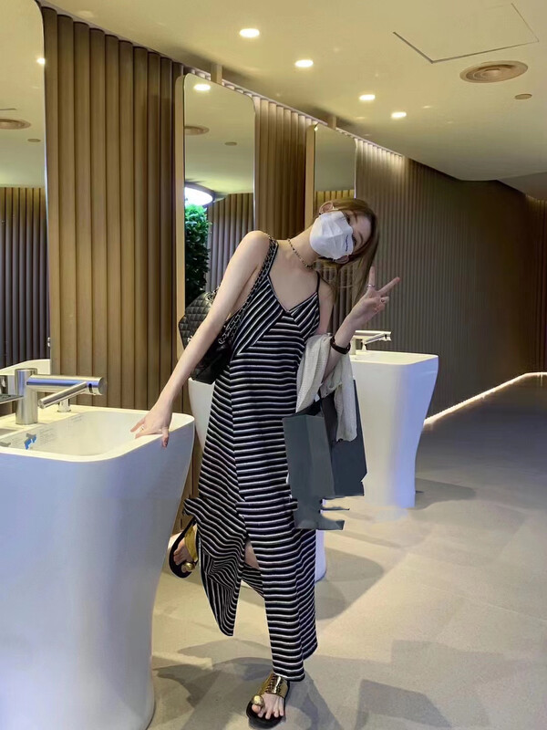 New in early autumn!【I-D】Korean style suspender striped dress 8298-1# L