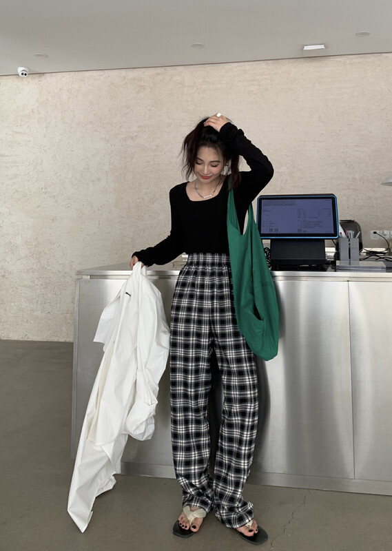 [11AN] Simple and versatile loose wide-leg plaid pants casual pants A9018