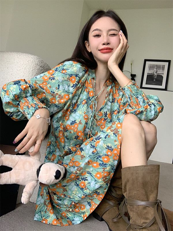 Autumn is new! [Timely rain] Korean style ins holiday floral loose all-match dress (sell dress only) W9755# WPL
