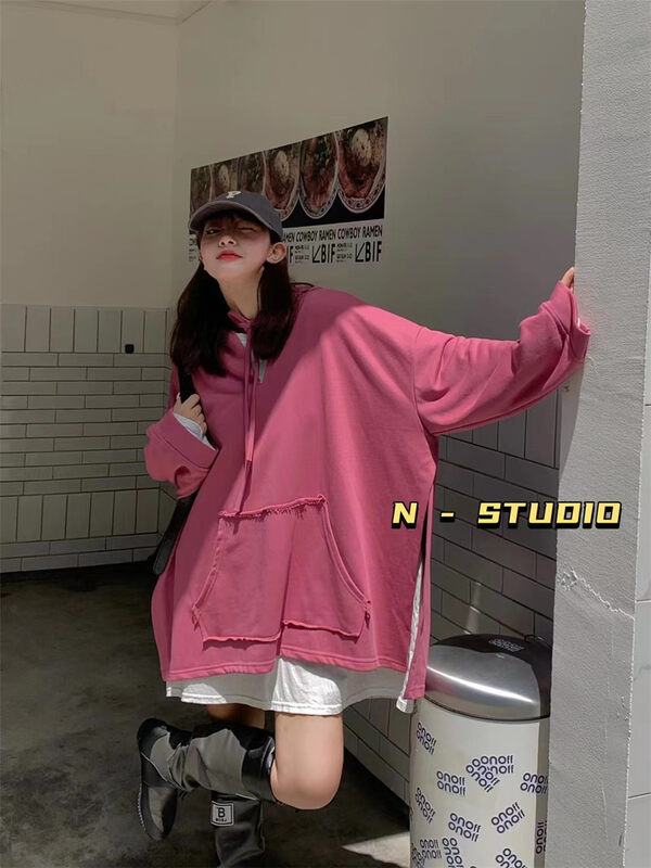 New in autumn!  【N】Casual Simple Loose Hooded Pullover Mid-Length Sweater Q187# WTT