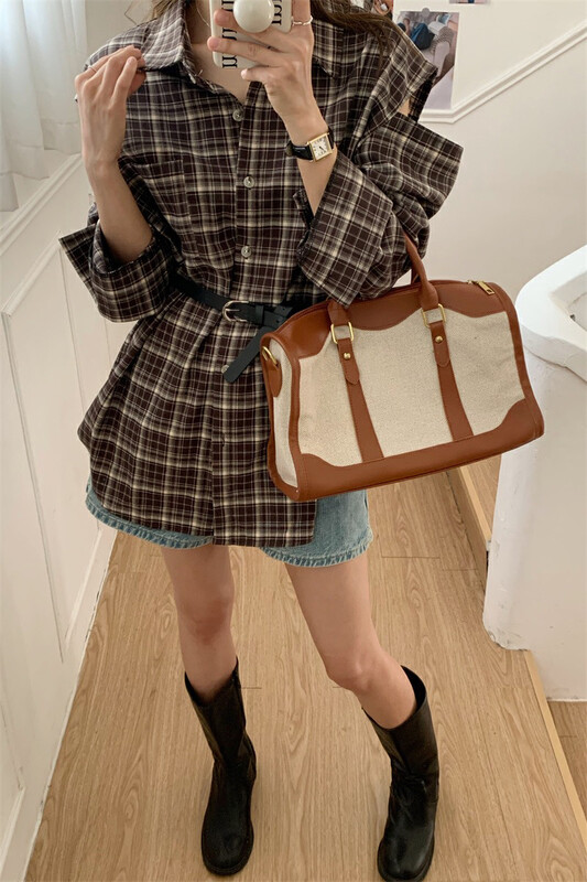 Autumn is new! [Timely rain] Korean version of the retro plaid ins off-the-shoulder shirt (with belt) 70217# WPL