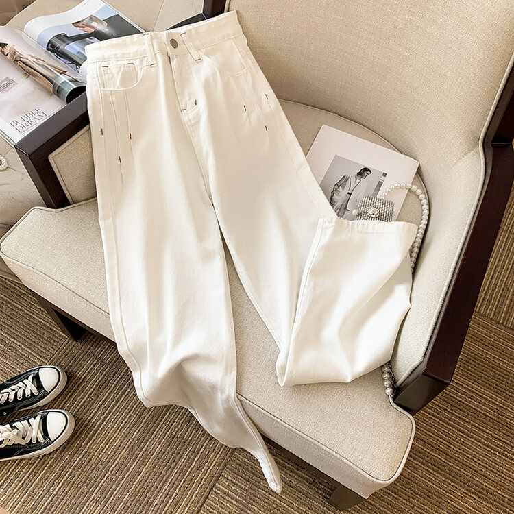 【KAKAJIA】Korean version of Xiaoxiangfeng love contrast color white female summer wide leg straight high waist slim slim jeans 9218# OZQ
