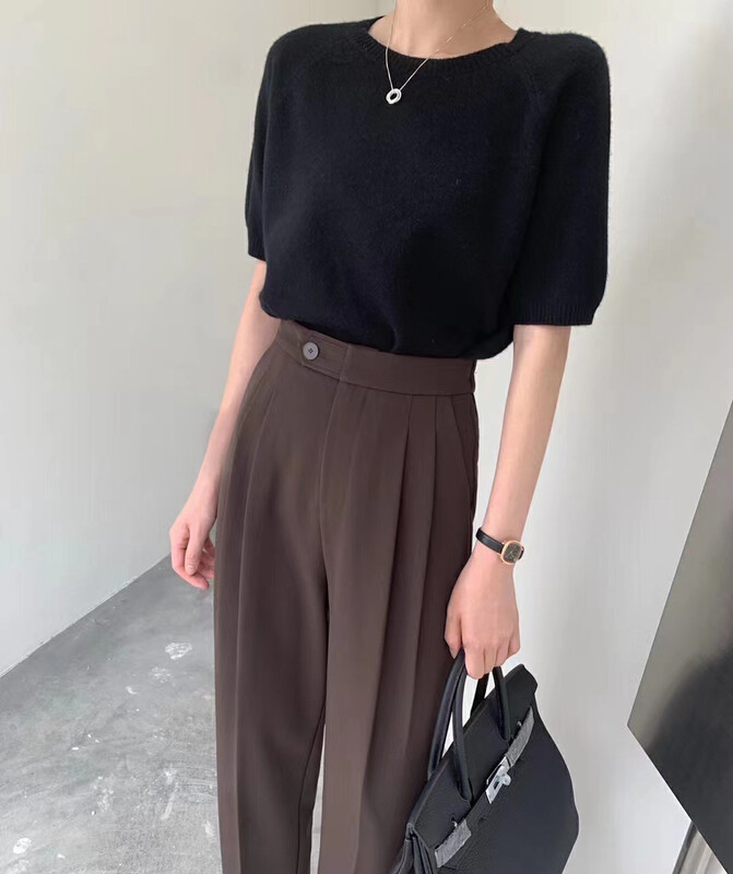 New in autumn!【KIKI STUDIO】Simple solid color elastic waist nine-point trousers 6651# HJY
