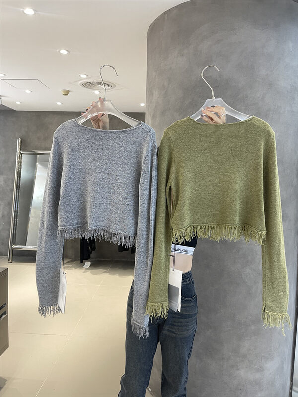 Autumn is new!【IN.CHOOSE U】Solid color fringed design short warm sweater 67287# CQW