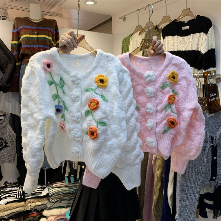 New Autumn Styles! [Korean C Home] Lady Heavy Industry Flower Knit Cardigan 22015# PCZ