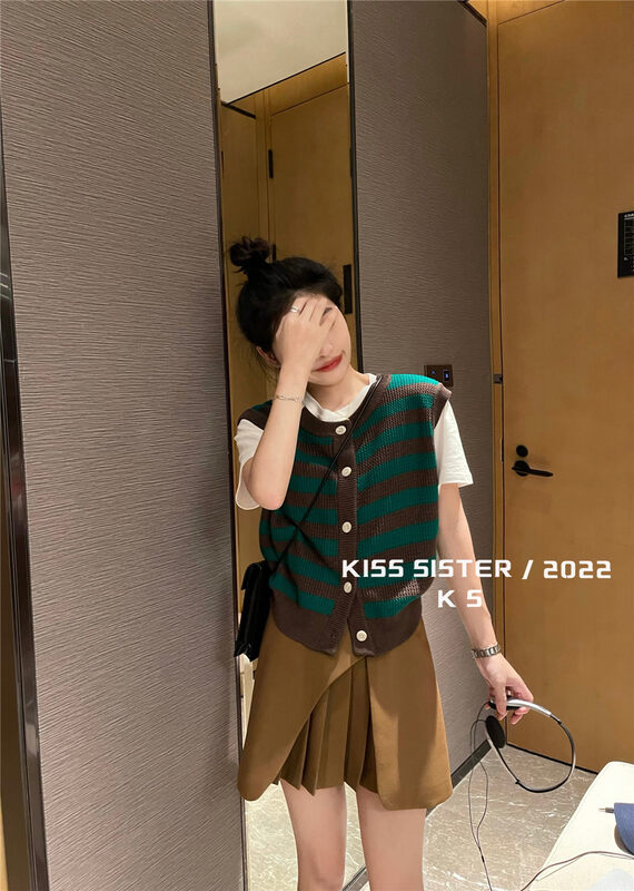 【KISS SISTER】Striped design breasted front and back short vest 22M8208