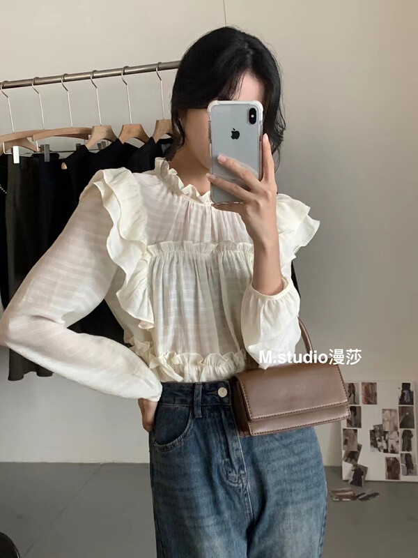 New in autumn! [MSTUDIO Mansha] Lady's solid color ruffled stand-up collar shirt c1093# HBX