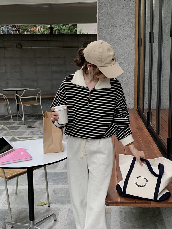 New in early autumn!【T.G】Polo Collar Striped Loose Sweater 17969# CLS