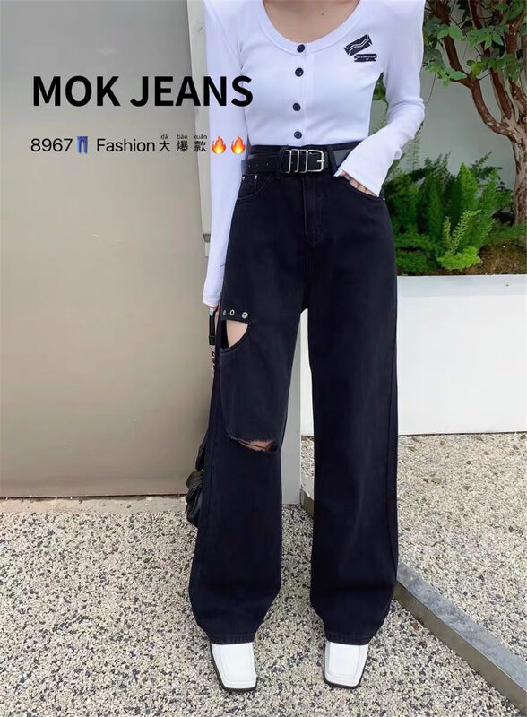 New in early autumn! [Yayiro] ripped personalized fashion jeans (with belt) YS1-2202# GYJ