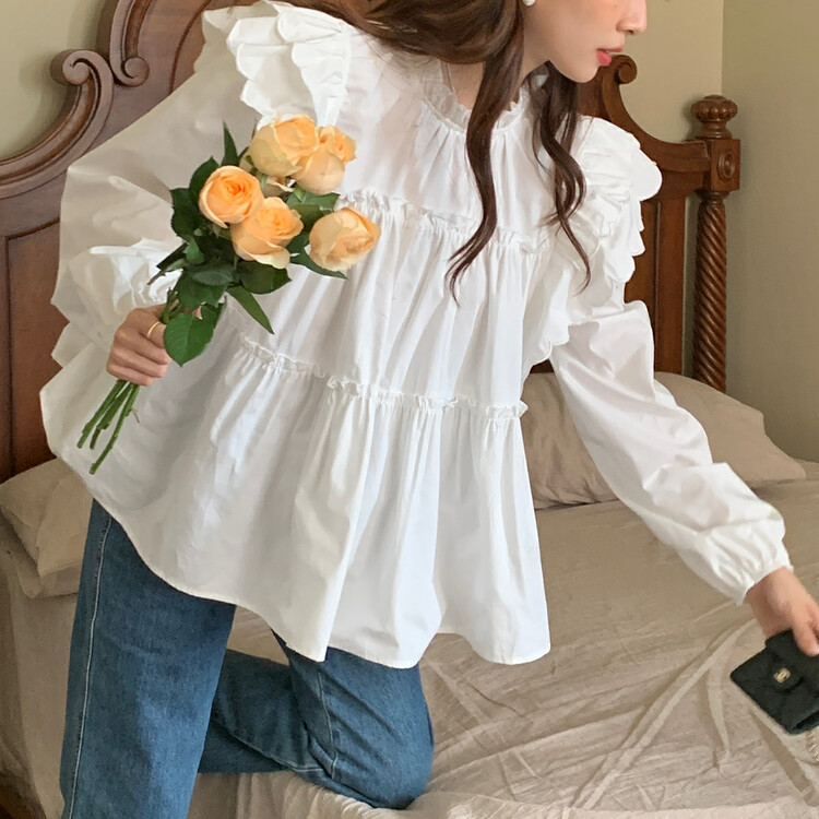 New in early autumn! [Timely rain] Korean ins sweet French design sense fungus edge loose doll shirt 60289# WPL