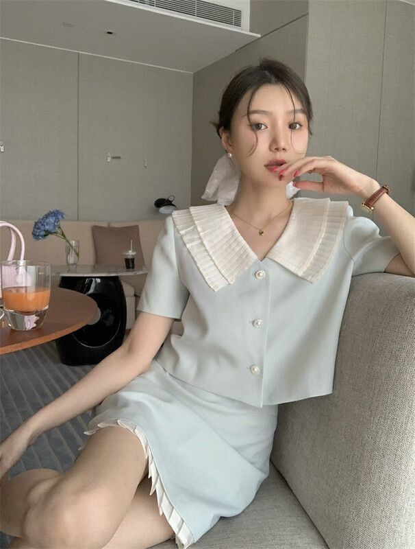 [Timely rain] Korean style ins sweet temperament thin short coat + A-line skirt suit 54778# WPL