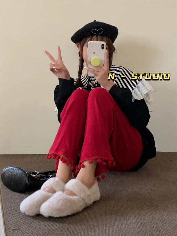 New in autumn!  [N] Elastic waist wide leg nine-point knitted casual pants Q219# WTT