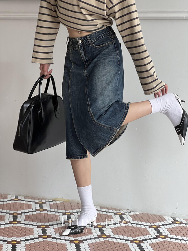 【TRUSTME】Korean Design Slit Washed Denim Denim Skirt 40124