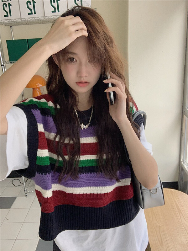 Autumn models are new! [Timely rain] Korean style ins retro contrast color rainbow stripes outside the waistcoat knitted vest B2229# WPL