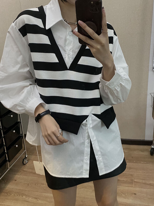 New in autumn! [I-D] Korean version stitching fake two-piece shirt YS8370# L
