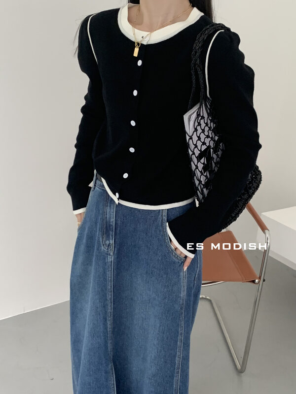 New in autumn!【ES MODISH】Contrast color round neck single-breasted simple knitted cardigan JK1880# CQW