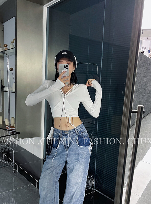 Autumn is new! [C.X original heart] hot girl niche all-match V-neck tie small shirt -6579# WTT