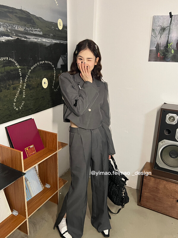 【FEI MAO】Early autumn new chiffon stitching sleeves high waist wide leg slit pants suit (bow is not removable) Z-8500# CQW