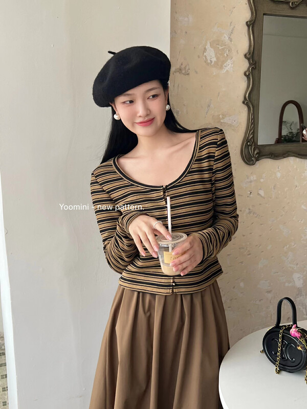 New in autumn! [YOOMINI] Casual all-match striped long-sleeved T-shirt Q16264-K# WPL